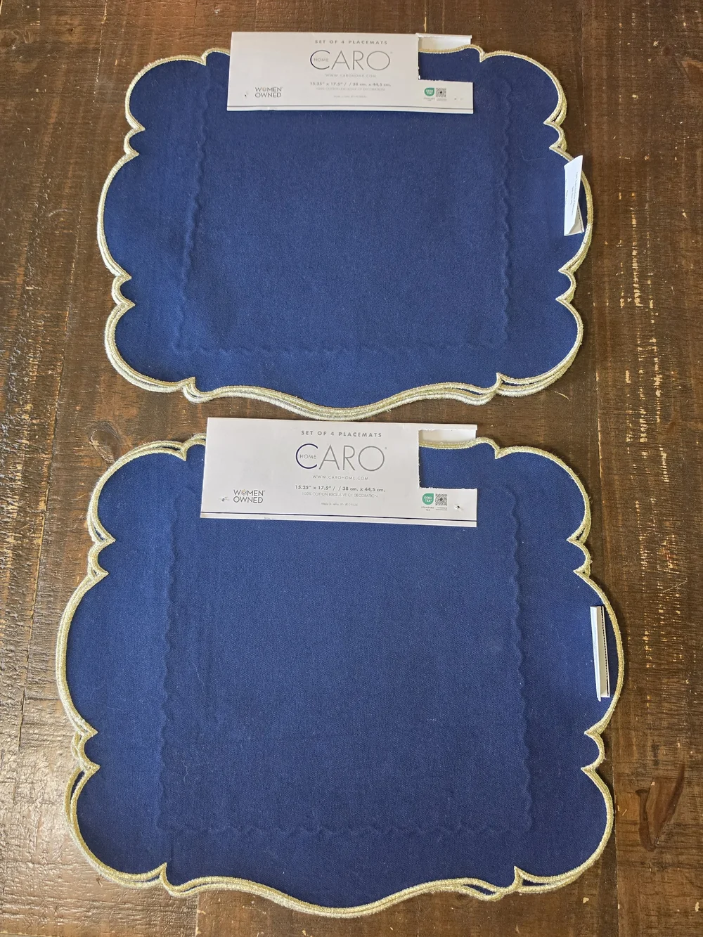 Caro Scalloped Edge Blue Placemats with Gold Trim - Set of 2- 8 Total